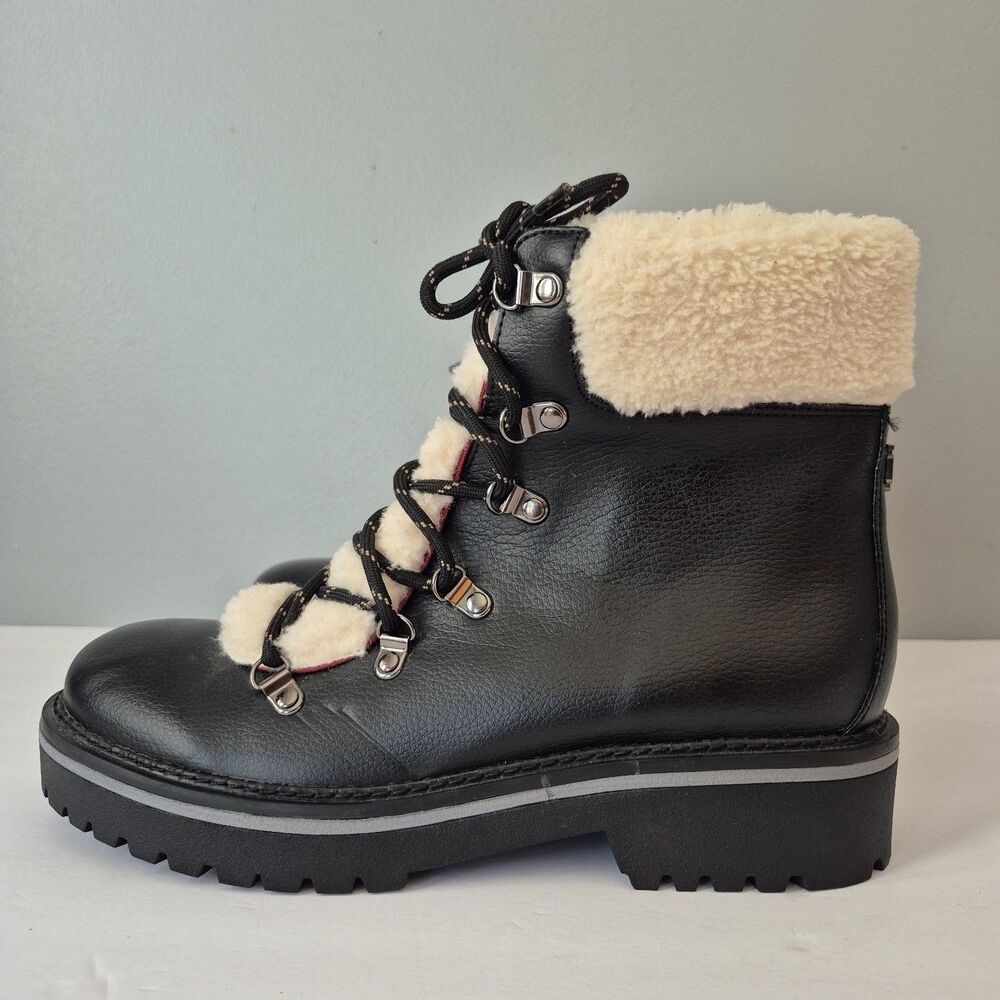 Tommy Hilfiger Black Faux Leather Sherpa Lined Lace Up Ron 2 Boots Womens 8.5M